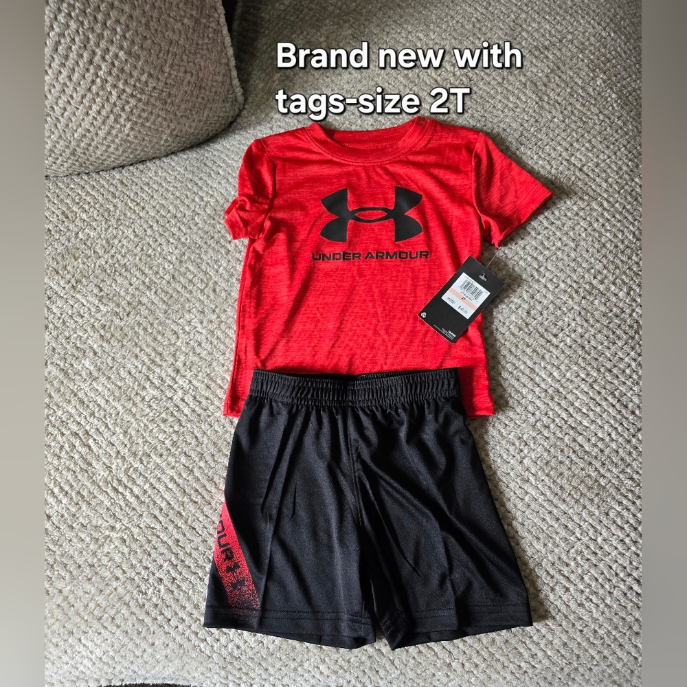 Under Armour Red Tee with Black Logo and Black Shorts